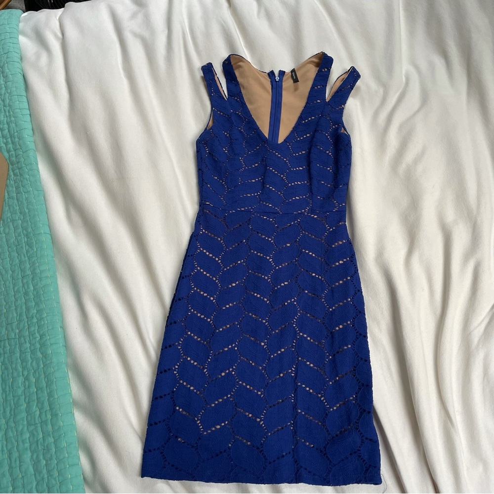 Blanc Clothing • Royal Blue and Tan Underlay Tight Lace Mini Dress